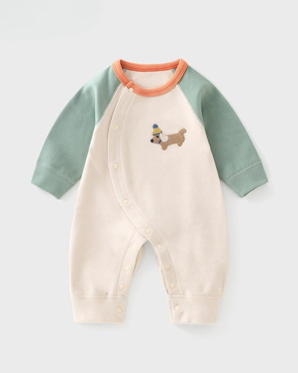 Casual Puppy Color Block Long Sleeve Baby Jumpsuits