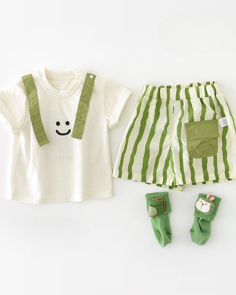 Casual Striped Pocket Design Baby Short Pants/Set