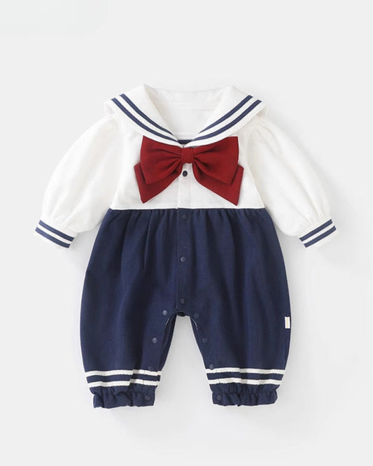 Cute Bow Color Block Long Sleeve Baby Jumpsuits Hat