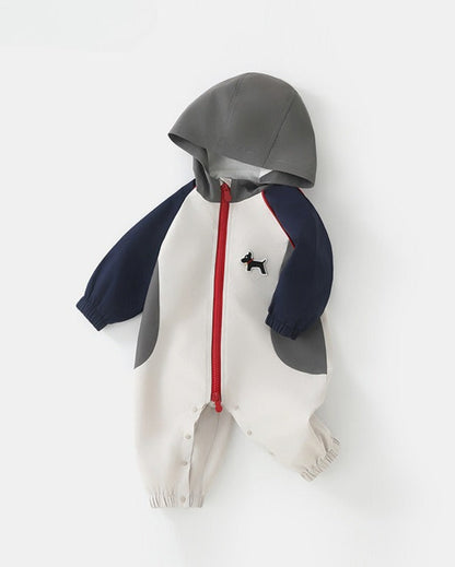 Color Block Zipped Long Sleeve Baby Hooded Jumpsuits