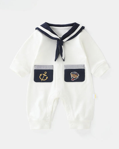 Navy Collar Pocket Design Baby Jumpsuits/Short Sleeve Set