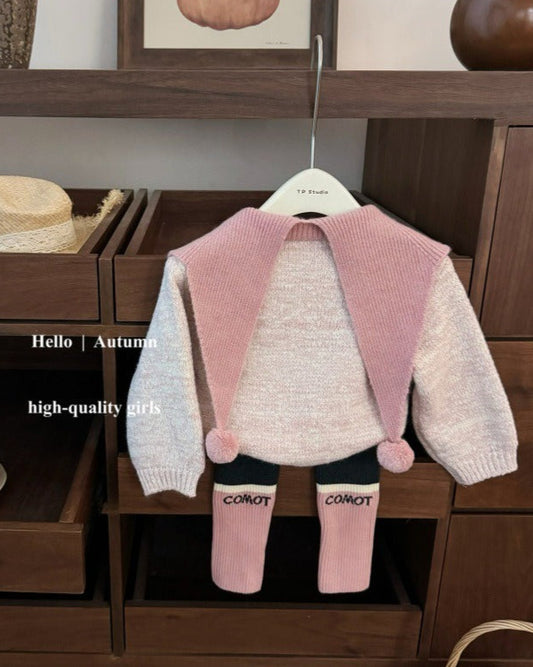 Knitted Ball Decor Color Block Girl Sweater Pants Set