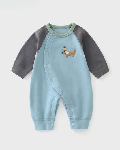 Casual Puppy Color Block Long Sleeve Baby Jumpsuits
