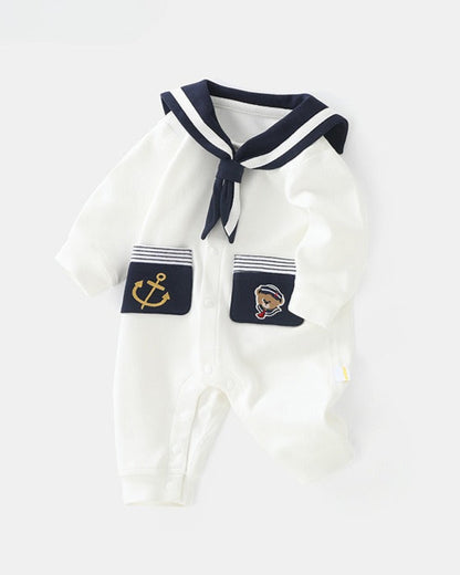 Navy Collar Pocket Design Baby Jumpsuits/Short Sleeve Set