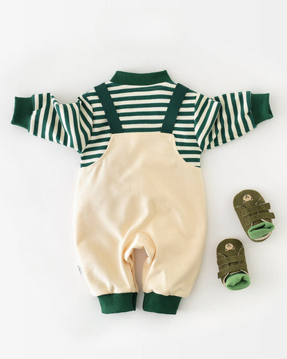 Dinosaur Pattern Striped Pocket Baby Jumpsuits
