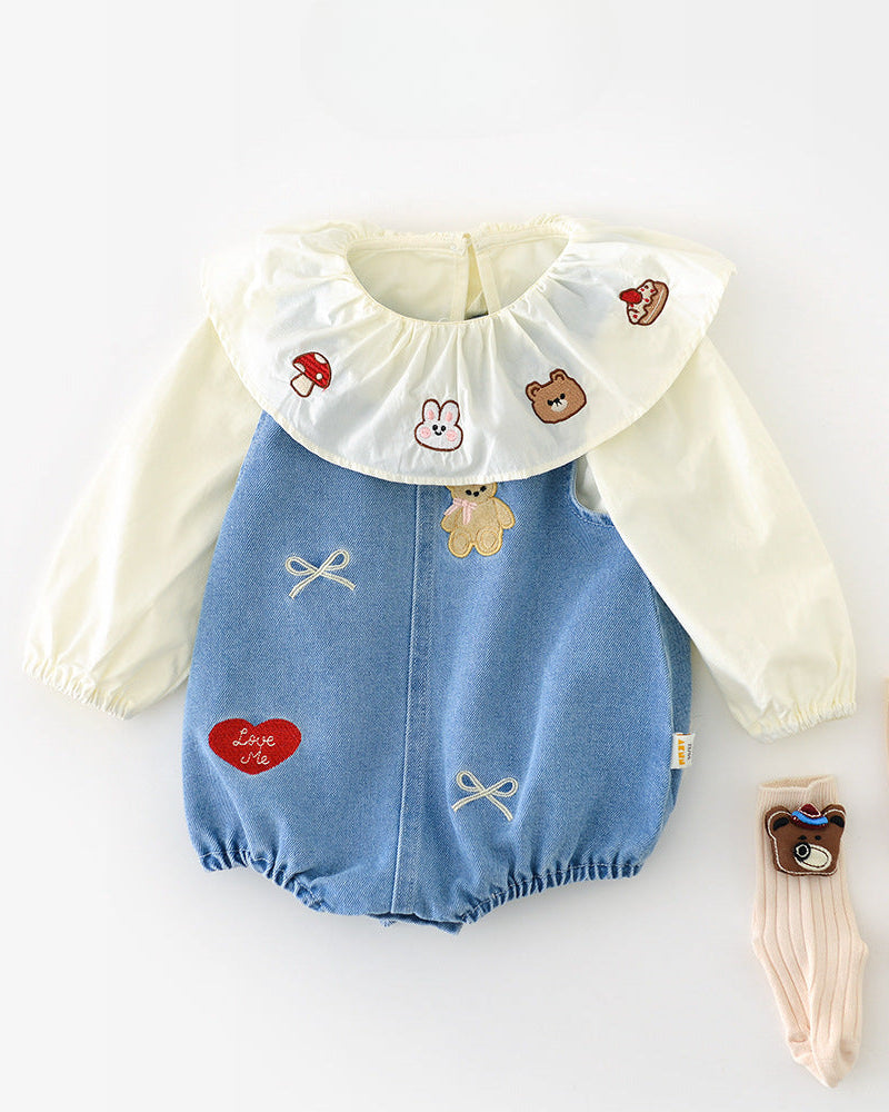 2pcs Cartoon Printed Denim Baby Shirt Romper Set