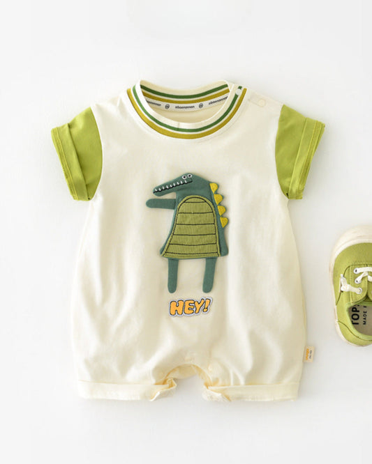 Dinosaur Pattern Color Block Short Sleeve Baby Jumpsuits