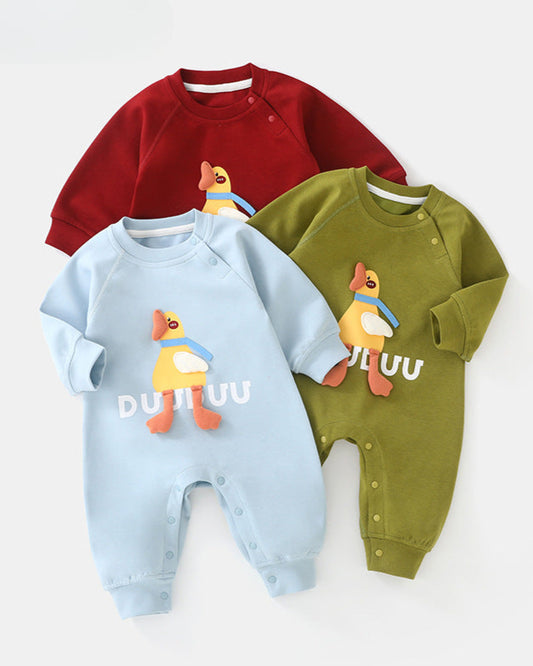 Duck Pattern Solid Color Long Sleeve Baby Jumpsuits