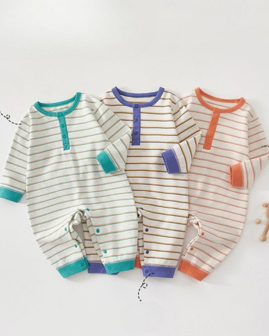 Striped Cotton Buttoned Long Sleeve Baby Jumpsuits