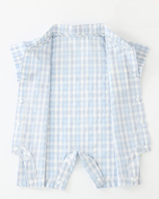 Plaid Coffee Bear Buttoned Short Sleeve Baby Jumpsuits