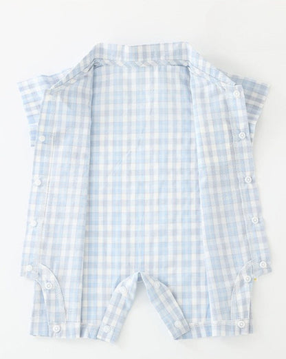 Plaid Coffee Bear Buttoned Short Sleeve Baby Jumpsuits