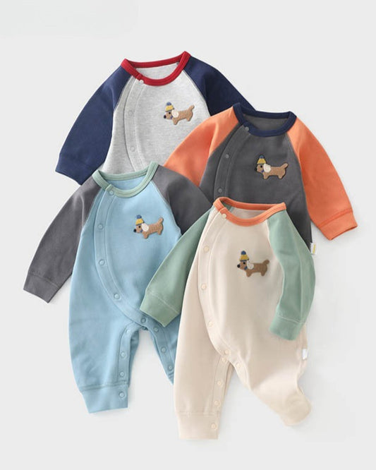 Casual Puppy Color Block Long Sleeve Baby Jumpsuits