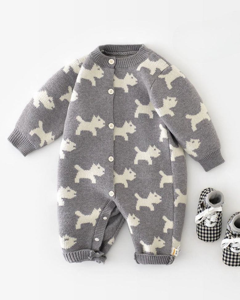Puppy Pattern Knitted Buttoned Long Sleeve Baby Jumpsuits