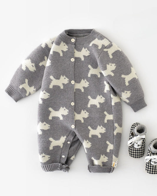 Puppy Pattern Knitted Buttoned Long Sleeve Baby Jumpsuits