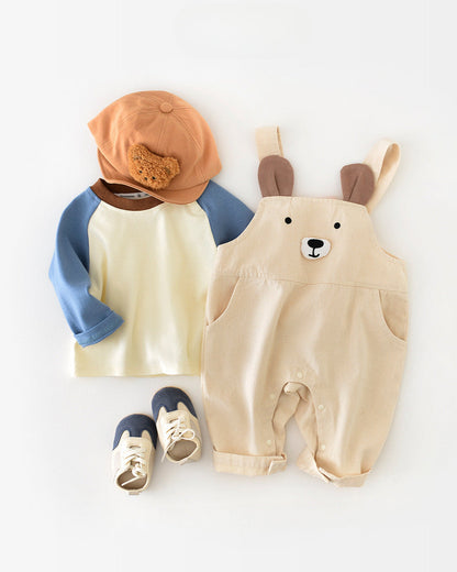 Color Block T-shirt Bear Baby Jumpsuits Set