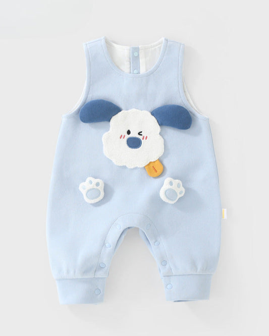 Cute Puppy Decor Buttoned Sleeveless Baby Jumpsuits