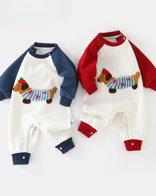 Dachshund Pattern Color Block Long Sleeve Baby Jumpsuits