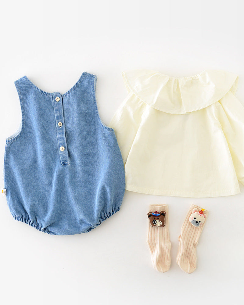 2pcs Cartoon Printed Denim Baby Shirt Romper Set