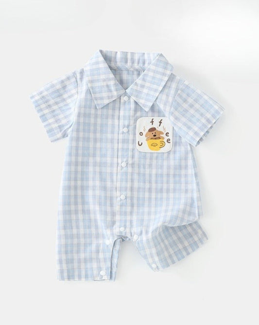Plaid Coffee Bear Buttoned Short Sleeve Baby Jumpsuits