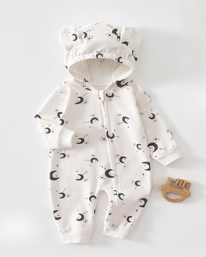 Cotton Printed Zipped Baby Ear Hooded Jumpsuits