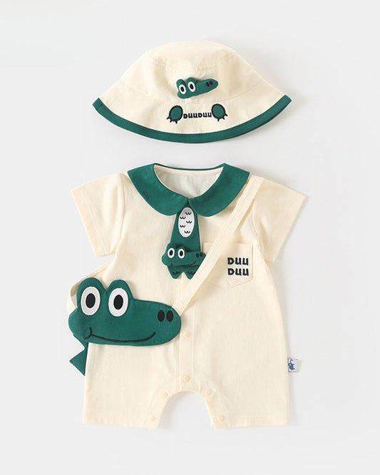 Crocodile Pattern Short Sleeve Baby Jumpsuits Hat Bag