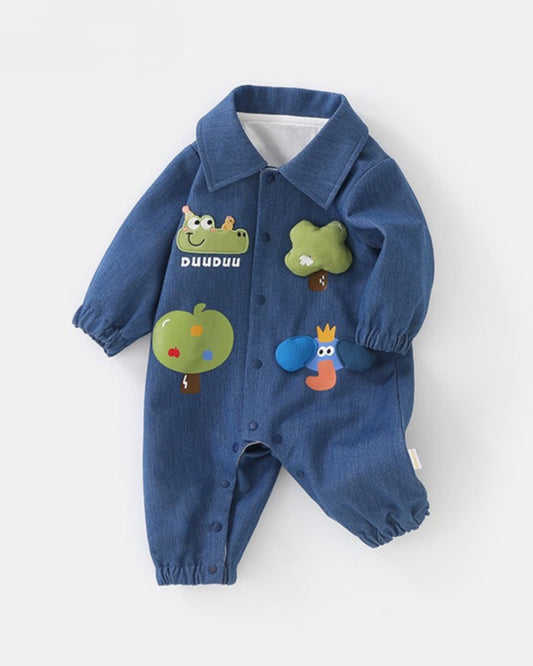 Denim Crocodile Tree Decor Long Sleeve Baby Jumpsuits