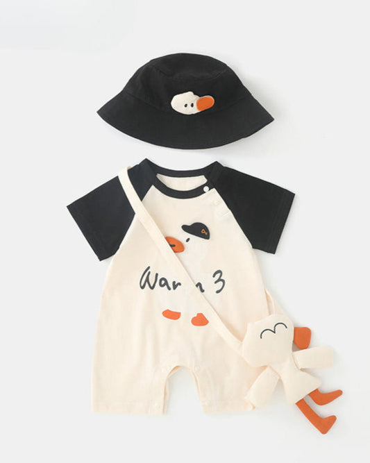 Duck Pattern Short Sleeve Baby Jumpsuits Hat Bag