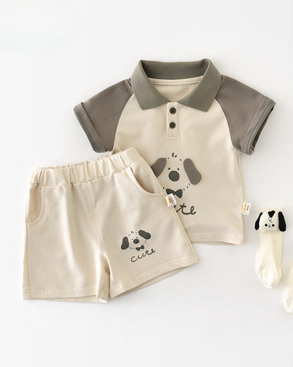 Dog Pattern Casual Baby Polo Shirt&Pants Set