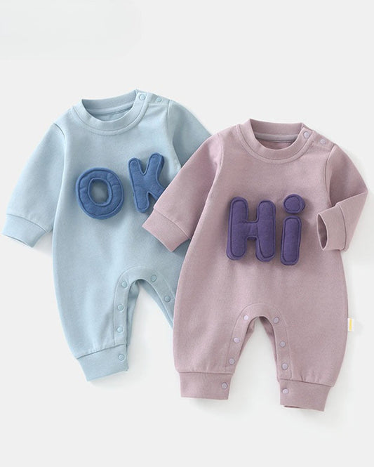 OK HI Letter Decor Long Sleeve Baby Jumpsuits