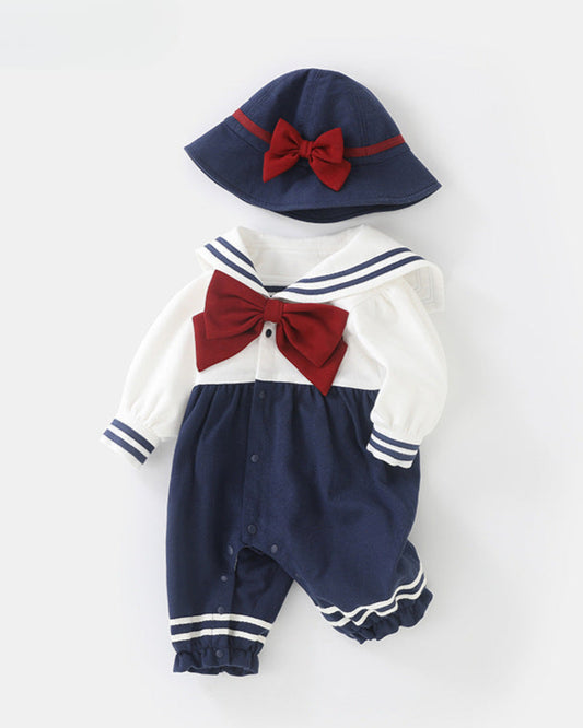 Cute Bow Color Block Long Sleeve Baby Jumpsuits Hat