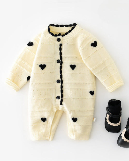 Heart Decor Knitted Buttoned Long Sleeve Baby Jumpsuits