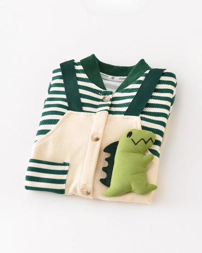 Dinosaur Pattern Striped Pocket Baby Jumpsuits