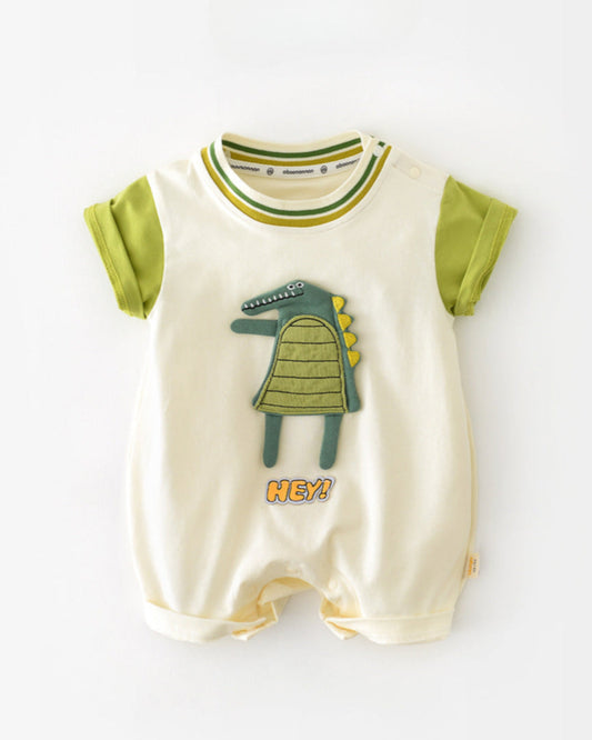 Dinosaur Pattern Color Block Short Sleeve Baby Jumpsuits