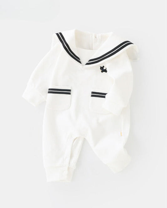 Navy Collar Pocket Design Long Sleeve Baby Jumpsuits