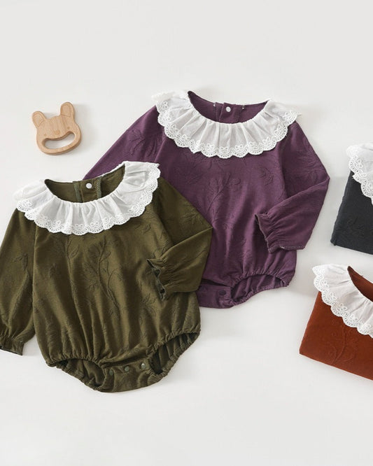 Lace Collar Leaf Pattern Long Sleeve Baby Romper