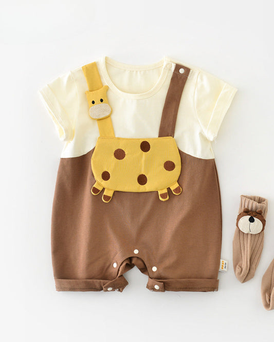 Giraffe Pattern Color Block Baby Short Sleeve Jumpsuits
