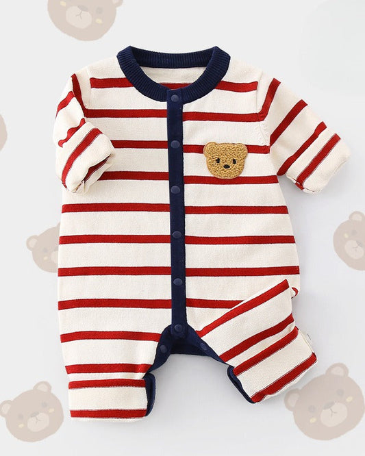 Bear Head Striped Long Sleeve Baby Jumpsuits Cardigan