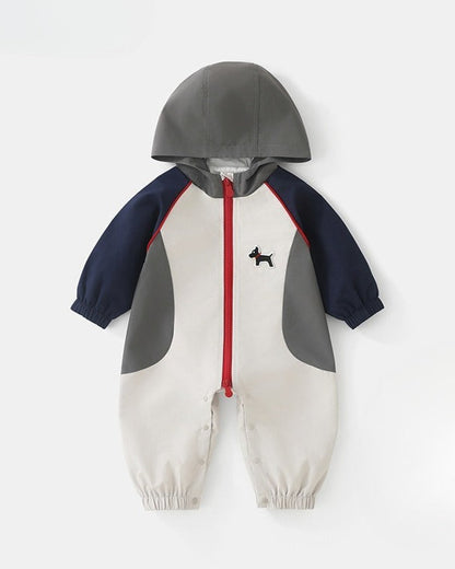Color Block Zipped Long Sleeve Baby Hooded Jumpsuits