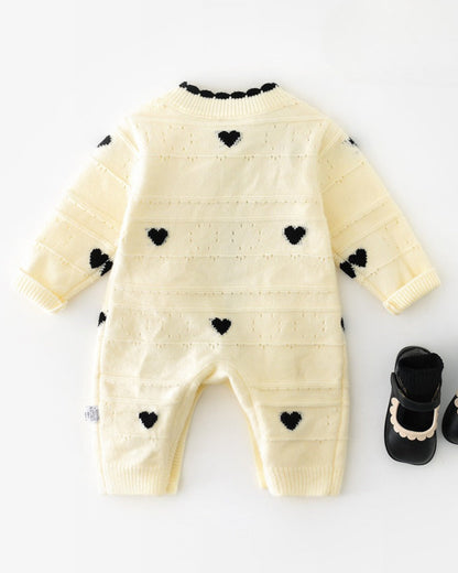 Heart Decor Knitted Buttoned Long Sleeve Baby Jumpsuits