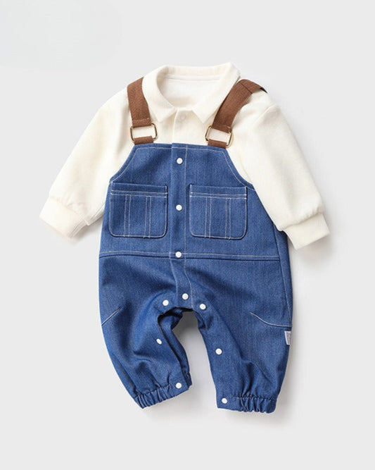 False Two Pieces Denim Long Sleeve Baby Jumpsuits