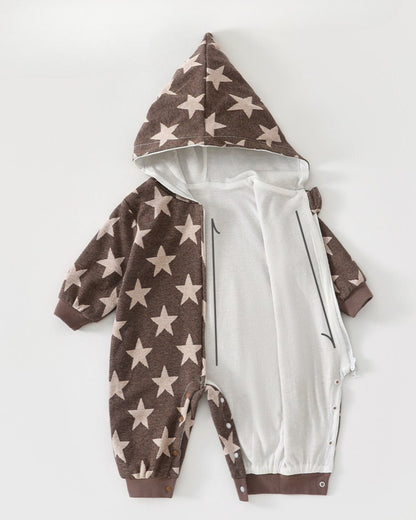 Star Printed Zipped Warm Baby Hooded Jumpsuits