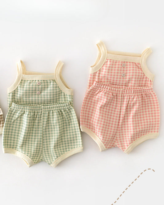2pcs Sweet Plaid Cotton Baby Tank Top&Pants Set