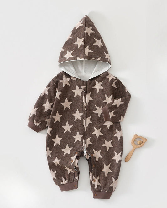 Star Printed Zipped Warm Baby Hooded Jumpsuits