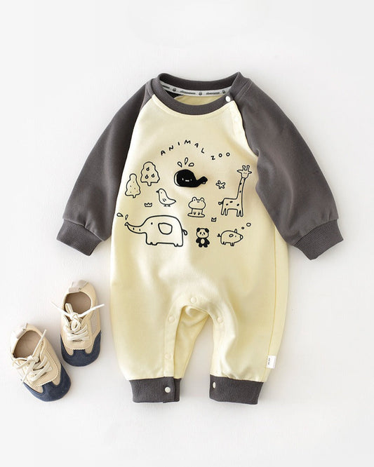 Zoo Pattern Color Block Long Sleeve Baby Jumpsuits