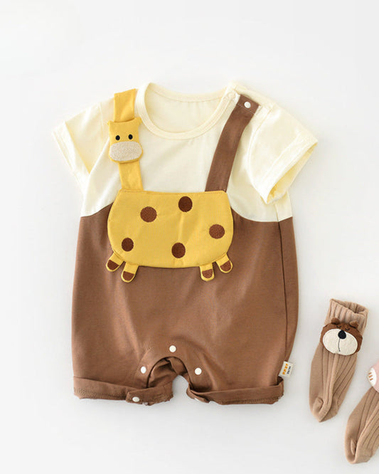 Giraffe Pattern Color Block Baby Short Sleeve Jumpsuits