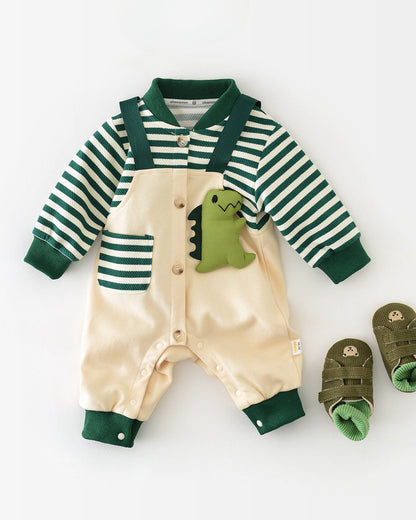 Dinosaur Pattern Striped Pocket Baby Jumpsuits