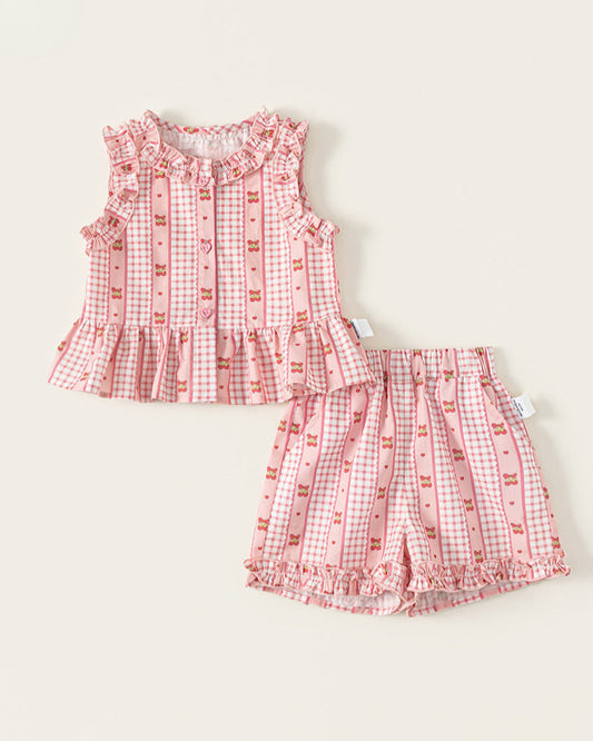 2pcs Plaid Floral Heart Buttoned Girl Top&Pant Set