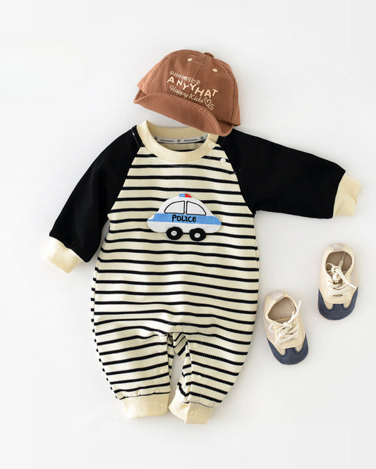 Striped Car/Bread Pattern Long Sleeve Baby Jumpsuits
