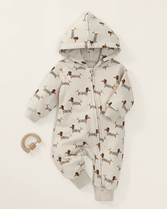 Dachshund Printed Zipped Long Sleeve Baby Jumpsuits
