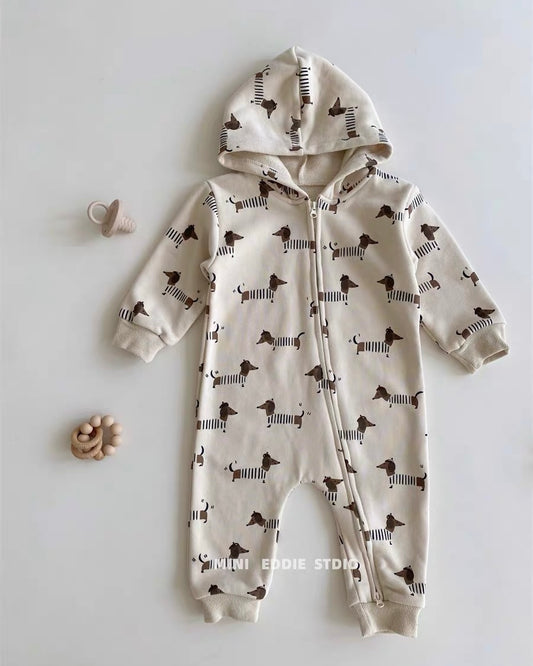Dachshund Printed Zipped Long Sleeve Baby Jumpsuits